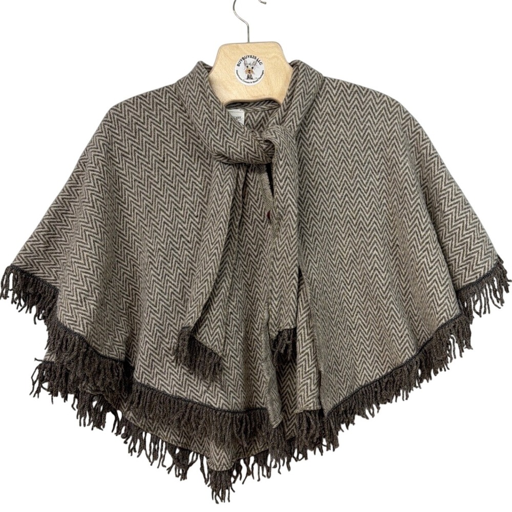 Mexican Wool Herringbone Cape Poncho Fringe Wrap‎ Shawl 100% Lana Artilana